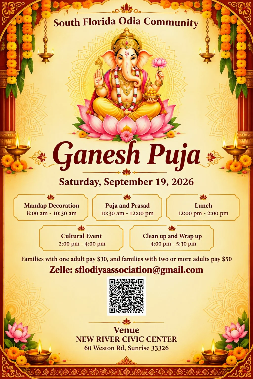 Ganesh Puja event flyer featuring Lord Ganesha and the September 19, 2026 celebration. Full event details are provided in the adjacent text.