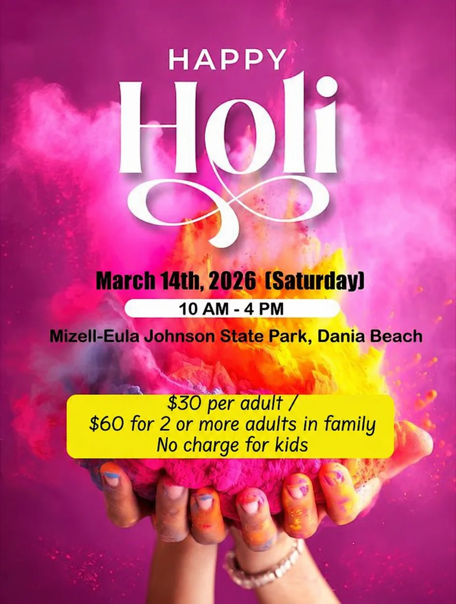 Archived Happy Holi flyer with colorful powders, date, time, venue, and historical ticket prices; personal payment details removed